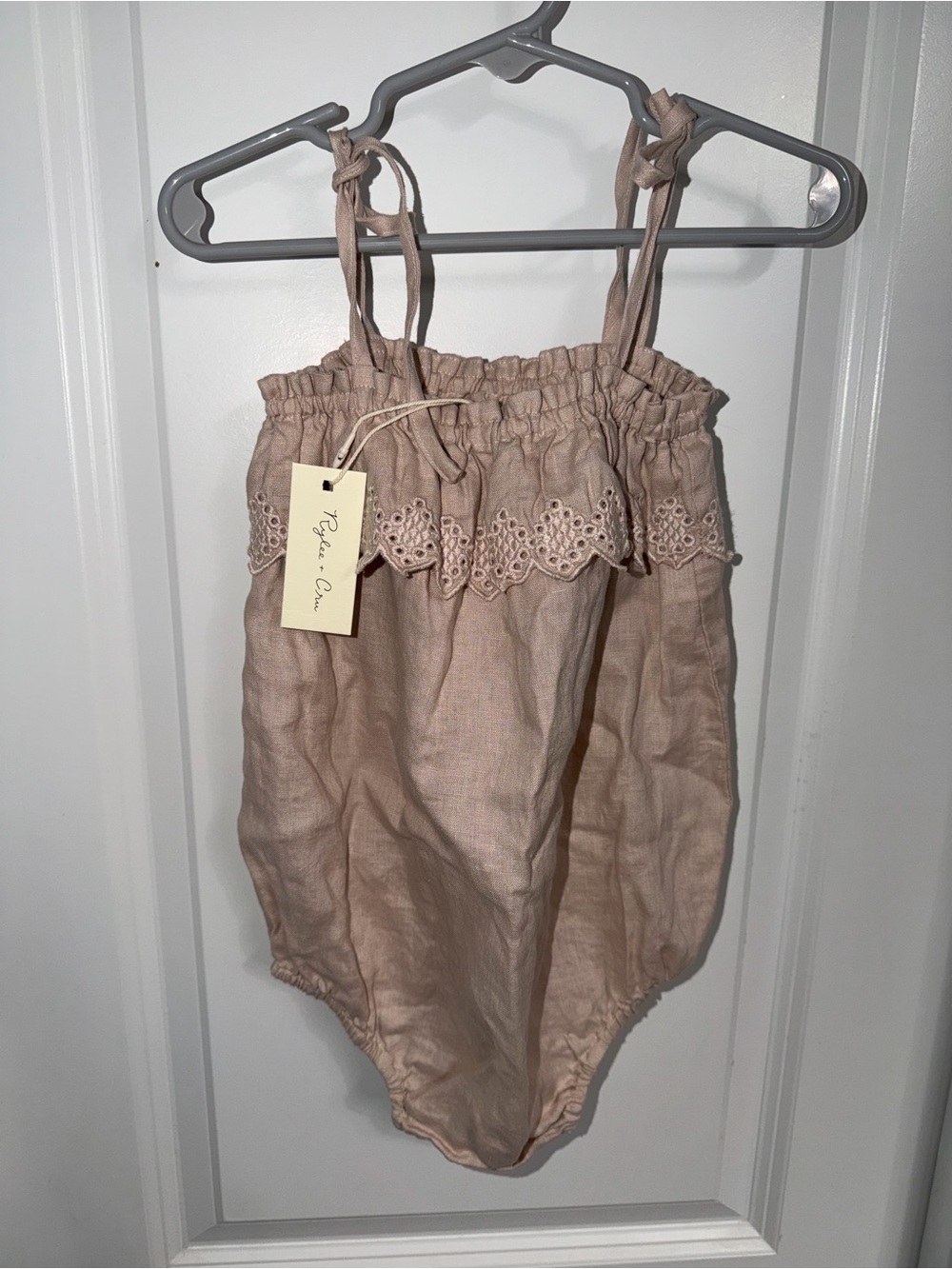 Rylee + Cru Lilac Linen Romper with Eyelet Trim